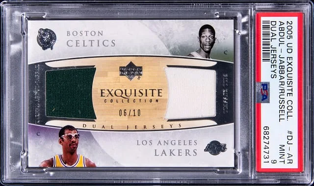 2005-06 Upper Deck Exquisite Collection Kareem Abdul-Jabbar/Bill Russell Game-Used Dual Jerseys #DJ-AR card image