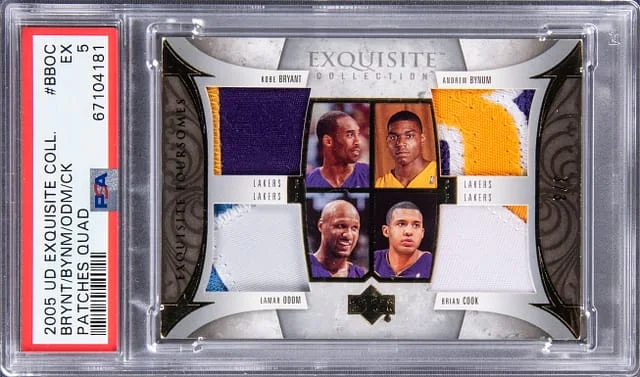 2005-06 Upper Deck Exquisite Collection Kobe Bryant, Andrew Bynum, Lamar Odom, Brian Cook Quad Patches Quad #EF-BBOC card image