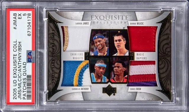 2005-06 Upper Deck Exquisite Collection LeBron James,Darko Milicic, Carmelo Anthony, Chris Bosh Quad Patches Quad #EE-JMAB card image
