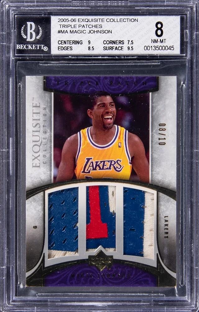 2005-06 Upper Deck Exquisite Collection Magic Johnson Game-Used Triple Patches #E3P-MA card image