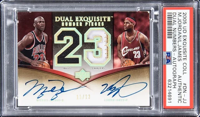 2005-06 Upper Deck Exquisite Collection Michael Jordan/LeBron James Dual Numbers Autograph #DN-JJ card image