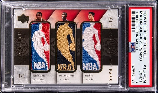 2005-06 Upper Deck Exquisite Collection Moses Malone/Hakeem Olajuwon/Yao Ming Game-Used Triple Logoman #TL-MOM card image