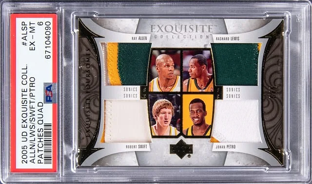2005-06 Upper Deck Exquisite Collection Ray Allen, Rashaad Lewis, Robert Swift, Johan Petro Quad Patches Quad #EE-ALSP card image