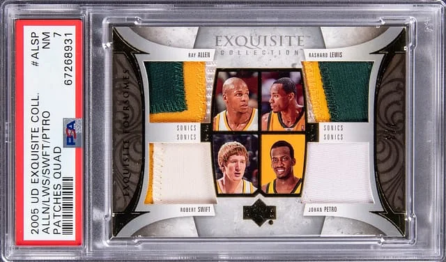 2005-06 Upper Deck Exquisite Collection Ray Allen, Rashaad Lewis, Robert Swift, Johan Petro Quad Patches Quad #EF-ALSP card image