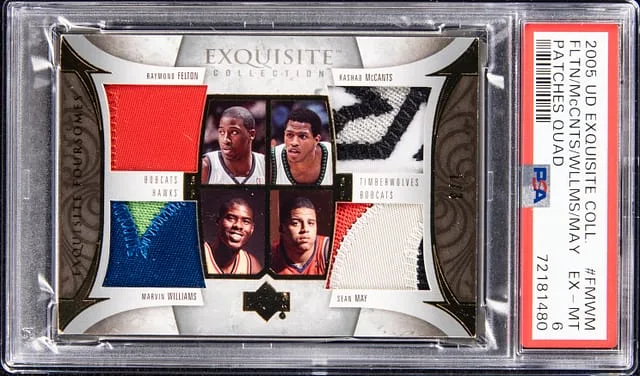 2005-06 Upper Deck Exquisite Collection Raymond Felton, Marvin Williams, Rashad McCants, Sean May Quad Patches Quad #FMWM card image