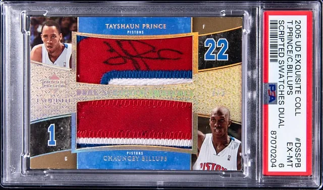 2005-06 Upper Deck Exquisite Collection Tayshaun Prince/Chauncey Billups Scripted Swatches Dual #DSSPB card image