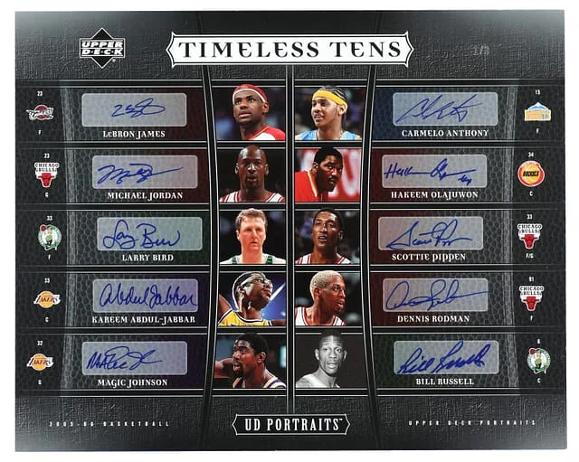 2005-06 Upper Deck James/Jordan/Bird/Abdul-Jabbar/Johnson/Anthony/Olajuwon/Pippen/Rodman/Russell Multi-Signed 10 x 8 Portraits Timeless Tens #TT4 card image
