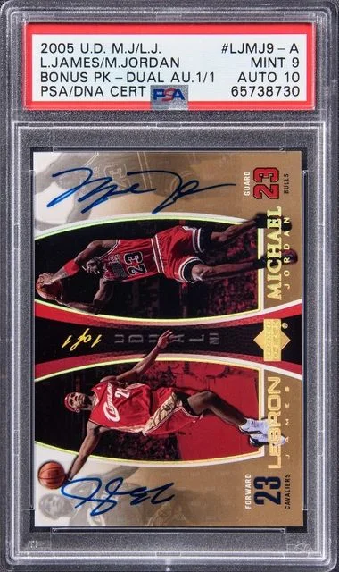 2005-06 Upper Deck LeBron James/Michael Jordan Michael Jordan/LeBron James Bonus Pack Dual Autograph #LJMJ9-A card image