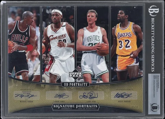 2005-06 Upper Deck Michael Jordan/LeBron James/Larry Bird/Magic Johnson Multi-Signed Portraits Signature Portraits 8x10 Quad #QSP-8 card image