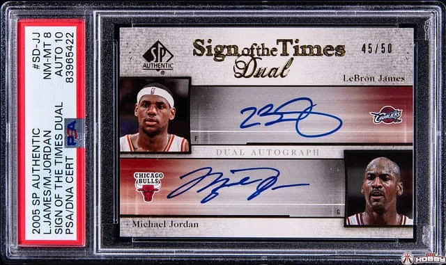 2005-06 Upper Deck SP Authentic LeBron James/Michael Jordan Sign Of The Times Dual #SD-JJ card image