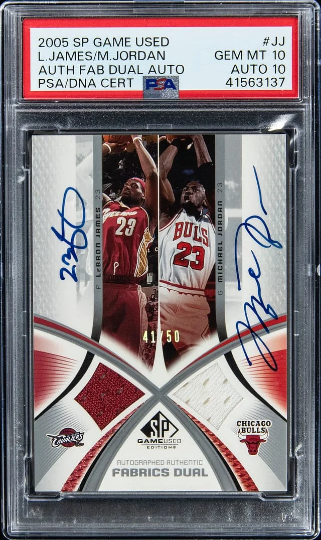 2005-06 Upper Deck SP Game Used LeBron James/Michael Jordan Authentic Fabrics Dual Autograph #AAF2-JJ card image