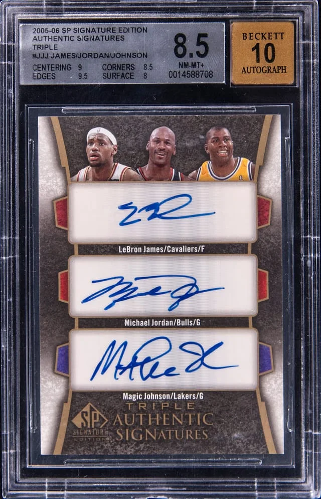 2005-06 Upper Deck SP Signature Edition LeBron James/Michael Jordan/Magic Johnson Multi-Signed Card - James' Jersey Number Authentic Signatures Triple #TS-JJJ card image