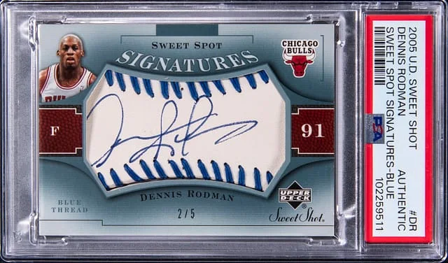 2005-06 Upper Deck Sweet Shot Dennis Rodman Sweet Spot Signatures Blue #SSS-DR card image