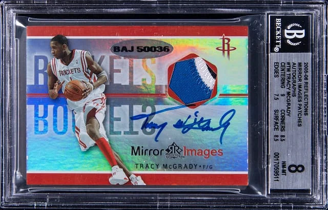2005-06 Upper Deck Tracy McGrady Twice-Signed Game-Used Reflections Mirror Images Patch Autograph #MIAP-TM card image