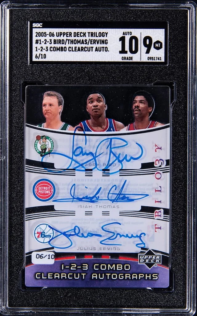 2005-06 Upper Deck Trilogy Isiah Thomas/Larry Bird/Julius Erving Triple-Signed 1-2-3 Combo Clearcut Autograph #123-BTE card image
