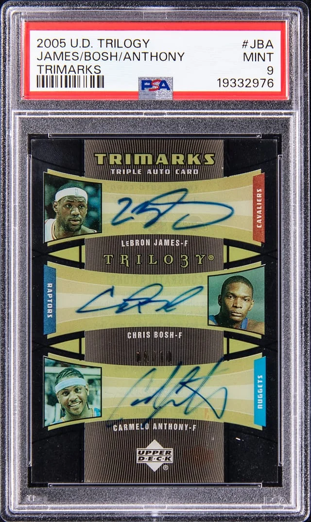 2005-06 Upper Deck Trilogy LeBron James/Chris Bosh/Carmelo Anthony Multi-Signed Trimarks #TM-JBA card image