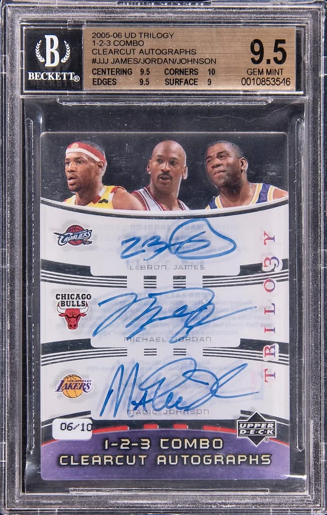 2005-06 Upper Deck Trilogy LeBron James/Michael Jordan/Magic Johnson Multi-Signed Card - James' Jersey Number 1-2-3 Combo Clearcut Autographs #1-2-3-JJJ card image