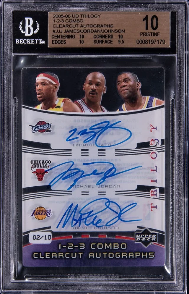 2005-06 Upper Deck Trilogy LeBron James/Michael Jordan/Magic Johnson Multi-Signed 1-2-3 Combo Clearcut Autographs #JJJ card image
