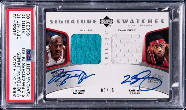 2005-06 Upper Deck Trilogy Michael Jordan/LeBron James Signature Swatches Dual Jersey #DSS-JJ card image