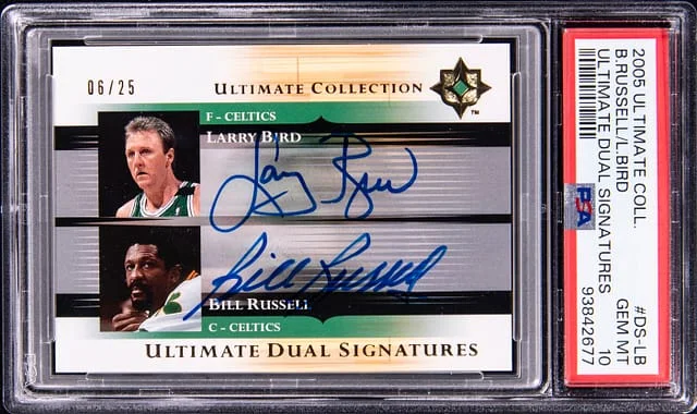 2005-06 Upper Deck Ultimate Collection Larry Bird/Bill Russell Ultimate Dual Signatures #DS-LB card image