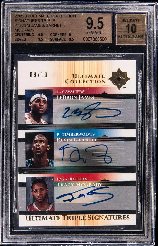 2005-06 Upper Deck Ultimate Collection LeBron James/Kevin Garnett/Tracy McGrady Multi-Signed Triple Signatures #TS-JGM card image
