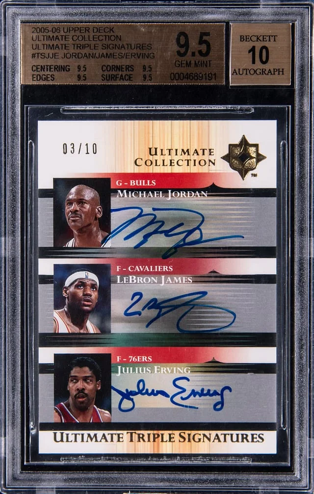 2005-06 Upper Deck Ultimate Collection Michael Jordan/LeBron James/Julius Erving Multi-Signed Triple Signatures #TS-JJE card image