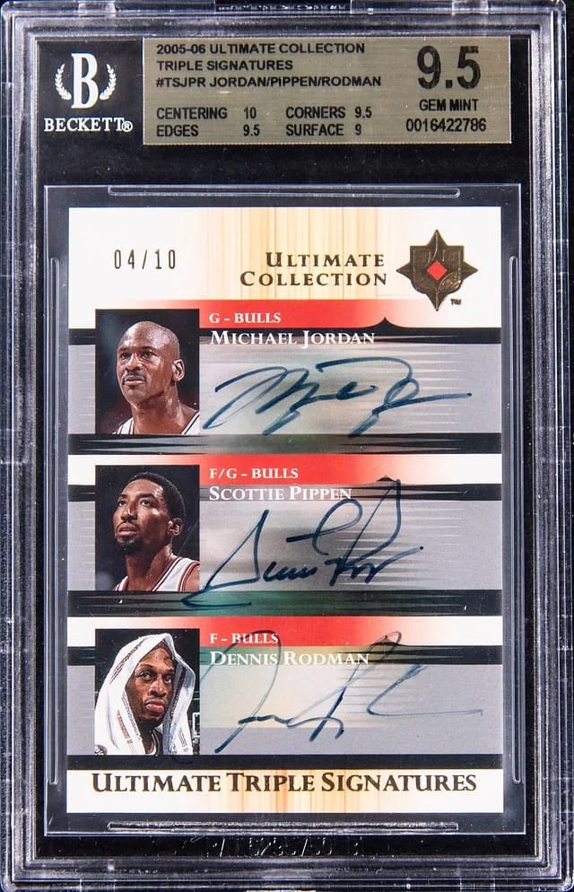 2005-06 Upper Deck Ultimate Collection Michael Jordan/Scottie Pippen/Dennis Rodman Multi-Signed Triple Signatures #TS-JPR card image