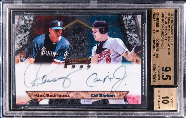 2005 Bowman's Best Alex Rodriguez, Cal Ripken Jr. Mirror Image Throwback Dual Autograph #MIA-RR card image