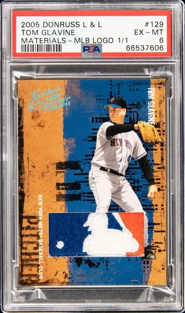2005 Donruss 129 Tom Glavine Leather & Lumber Materials-Mlb Logo #1/1 card image