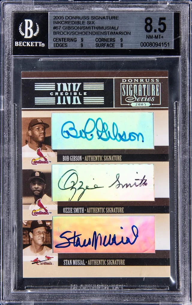 2005 Donruss Bob Gibson/Ozzie Smith/Stan Musial/Lou Brock/Red Schoendienst/ Marty Marion Multi-Signed Signature Inkcredible Six #67 card image