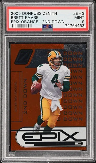 2005 Donruss Brett Favre Zenith Epix Orange 2nd Down #E-3 card image