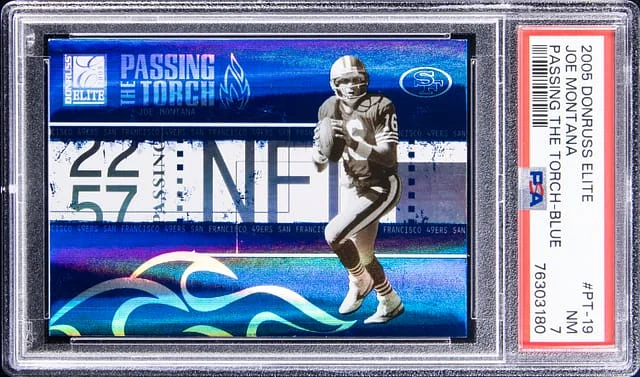 2005 Donruss Elite Joe Montana Passing The Torch Blue #PT-19 card image