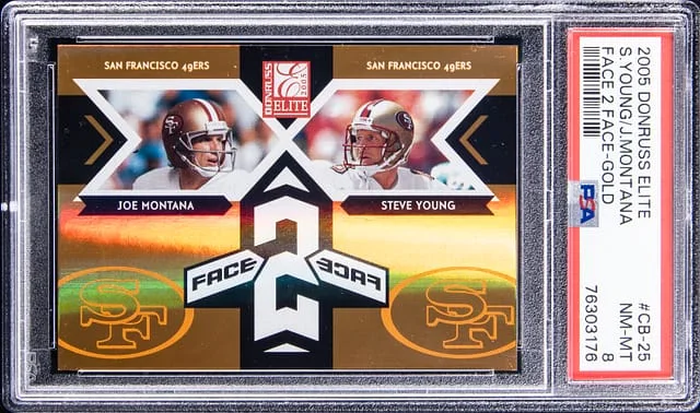 2005 Donruss Elite Joe Montana/Steve Young Face 2 Face Gold #CB-25 card image