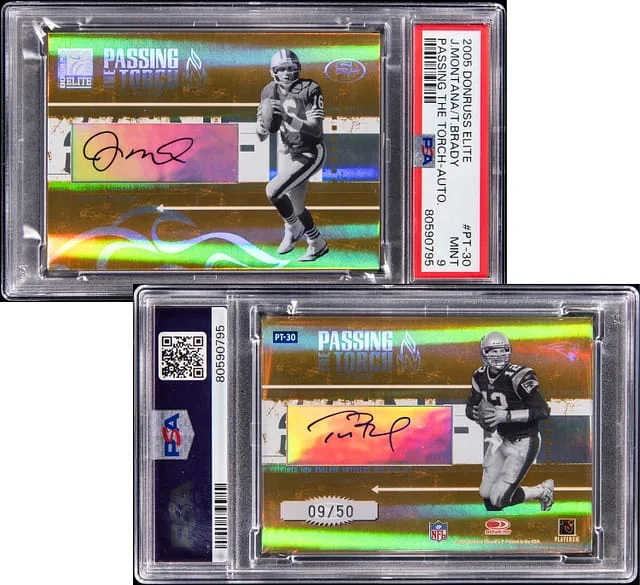 2005 Donruss Elite Joe Montana/Tom Brady Passing The Torch Autograph #PT-30 card image