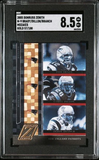 2005 Donruss Tom Brady/Corey Dillon/Deion Branch Zenith Mozaics Gold #M-9 card image