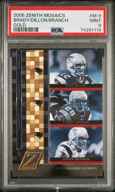 2005 Donruth Zenith Mosaics Gold Corey Dillon/Deion Branch/Tom Brady #M-9 card image