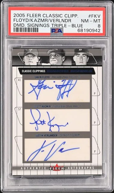 2005 Fleer Classic Gavin Floyd/Justin Verlander/Scott Kazmir Clippings Diamond Signings Triple Blue #FKV card image