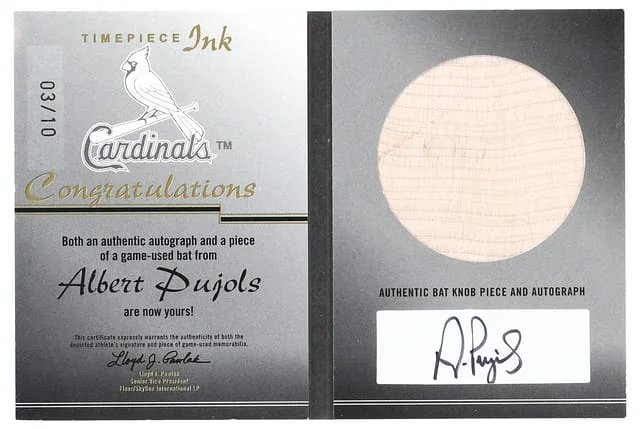 2005 Fleer Showcase Albert Pujols Timepiece Ink Authentic Bat Knob #1 card image