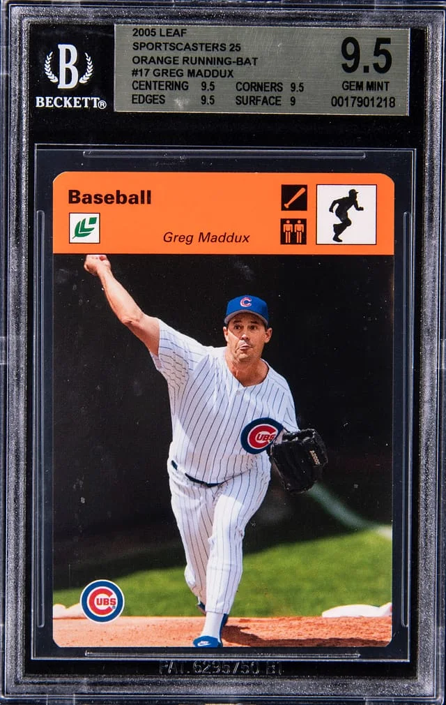 2005 Leaf Greg Maddux Sportscasters 25 Orange Running Bat #17 card image