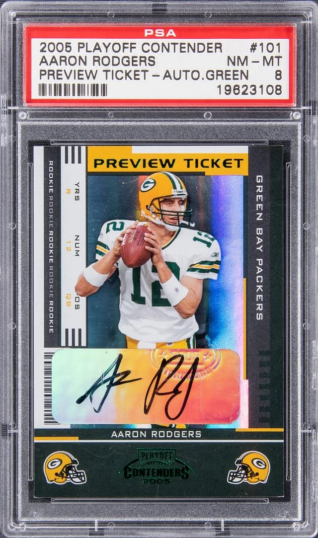 2005 Playoff Aaron Rodgers Contender Preview Ticket Auto Green #101 card image