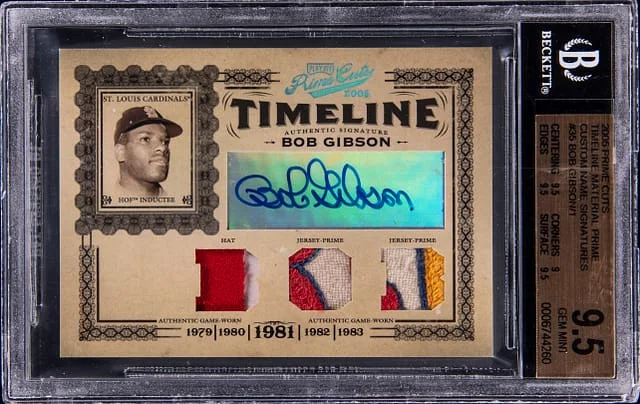 2005 Playoff Prime Cuts Bob Gibson Timeline Material Prime Custom Name Signatures #35 card image