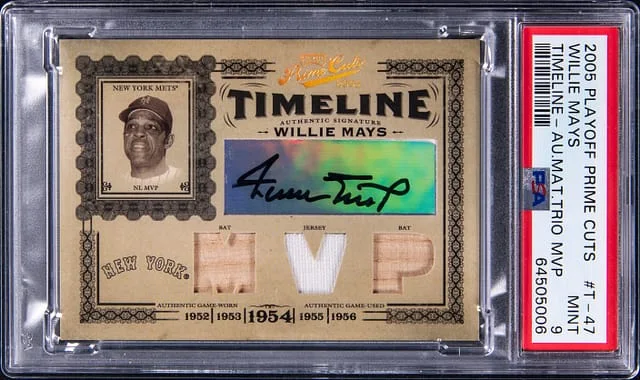 2005 Playoff Prime Cuts Willie Mays Timeline Authentic Material Trio MVP #T-47 card image