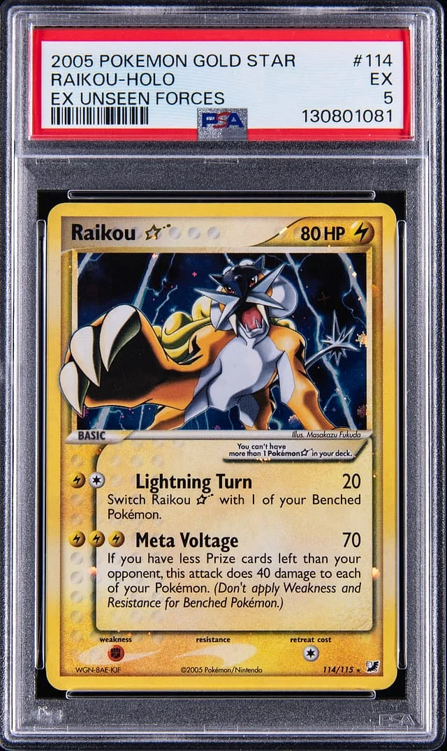 2005 Pokemon EX Unseen Forces Gold Star Holo Raikou #114 card image