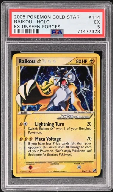 2005 Pokemon EX Unseen Forces Gold Star Holofoil Raikou #114 card image