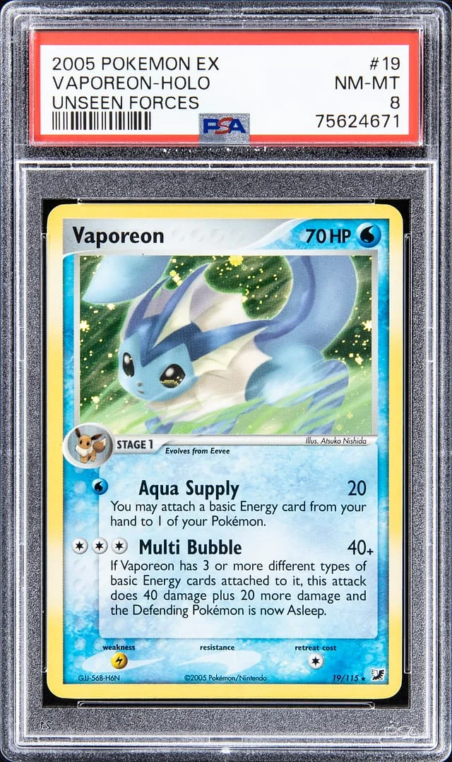 2005 Pokemon EX Unseen Forces Rare Holofoil Vaporeon #19 card image