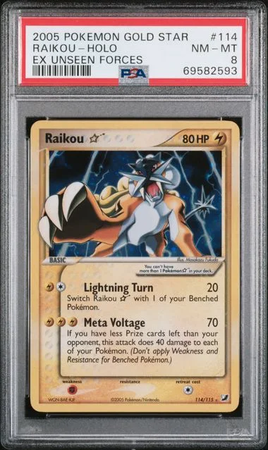 2005 Pokemon Gold Star EX Unseen Forces Holofoil Raikou #114 card image