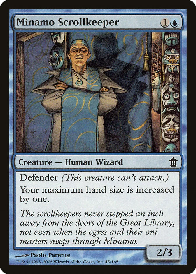 2005 Saviors of Kamigawa Minamo Scrollkeeper common #45 unlisted card image