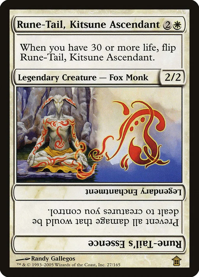 2005 Saviors of Kamigawa Rune-Tail, Kitsune Ascendant // Rune-Tail's Essence rare #27 unlisted card image