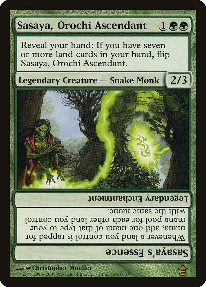 2005 Saviors of Kamigawa Sasaya, Orochi Ascendant // Sasaya's Essence rare #145 unlisted card image