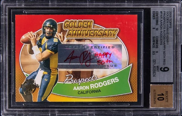 2005 Topps Aaron Rodgers Golden Anniversary Prospect Autographs Happy 50th Red #GAP-AR card image